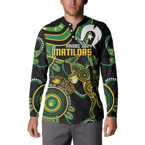 Custom Matildas NAIDOC Week Button Sweatshirt Australia Kangaroo Keep The Fire Burning - Black