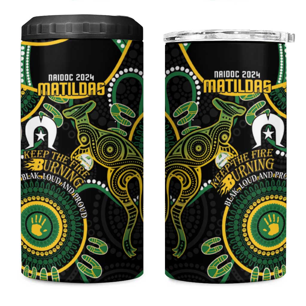 Matildas NAIDOC Week 4 in 1 Can Cooler Tumbler Australia Kangaroo Keep The Fire Burning - Black