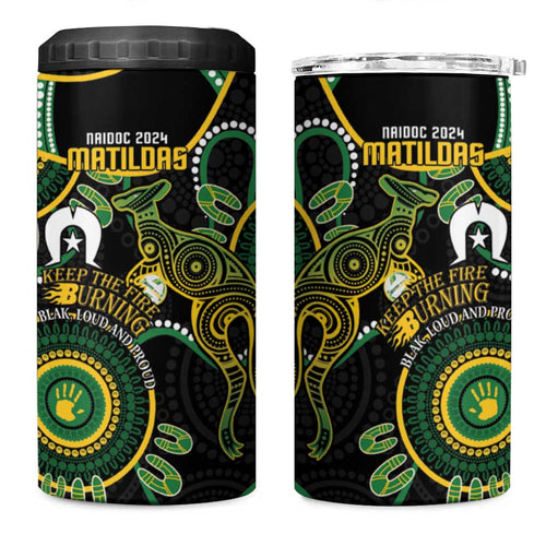 Matildas NAIDOC Week 4 in 1 Can Cooler Tumbler Australia Kangaroo Keep The Fire Burning - Black