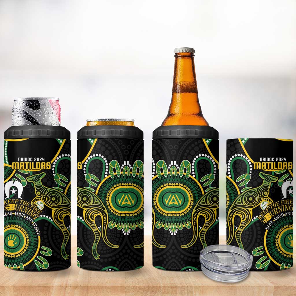 Matildas NAIDOC Week 4 in 1 Can Cooler Tumbler Australia Kangaroo Keep The Fire Burning - Black