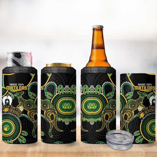 Matildas NAIDOC Week 4 in 1 Can Cooler Tumbler Australia Kangaroo Keep The Fire Burning - Black