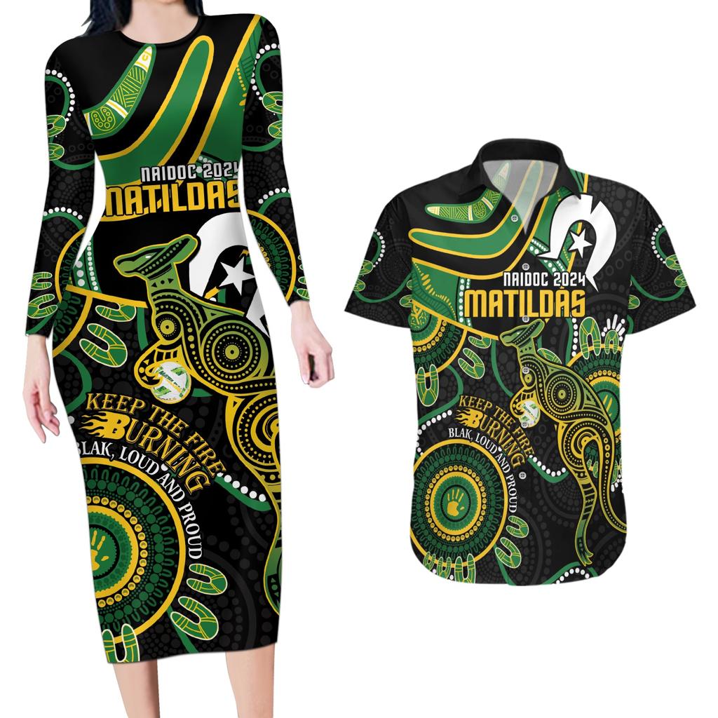 Custom Matildas NAIDOC Week Couples Matching Long Sleeve Bodycon Dress and Hawaiian Shirt Australia Kangaroo Keep The Fire Burning - Black
