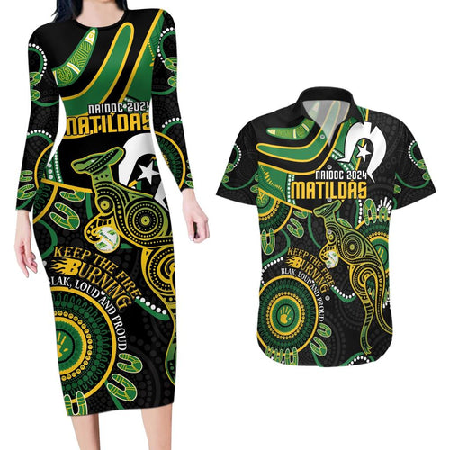 Custom Matildas NAIDOC Week Couples Matching Long Sleeve Bodycon Dress and Hawaiian Shirt Australia Kangaroo Keep The Fire Burning - Black