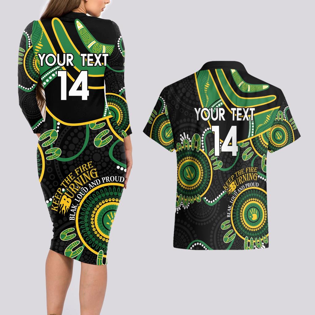 Custom Matildas NAIDOC Week Couples Matching Long Sleeve Bodycon Dress and Hawaiian Shirt Australia Kangaroo Keep The Fire Burning - Black