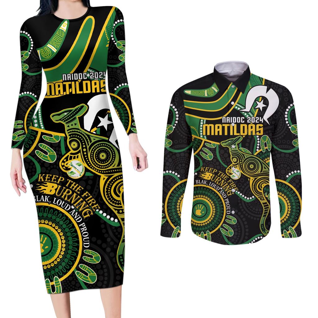Custom Matildas NAIDOC Week Couples Matching Long Sleeve Bodycon Dress and Long Sleeve Button Shirt Australia Kangaroo Keep The Fire Burning - Black
