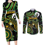 Custom Matildas NAIDOC Week Couples Matching Long Sleeve Bodycon Dress and Long Sleeve Button Shirt Australia Kangaroo Keep The Fire Burning - Black