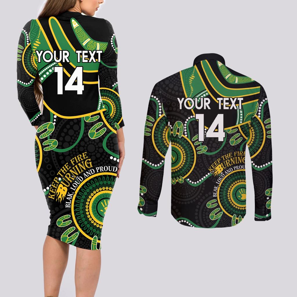 Custom Matildas NAIDOC Week Couples Matching Long Sleeve Bodycon Dress and Long Sleeve Button Shirt Australia Kangaroo Keep The Fire Burning - Black