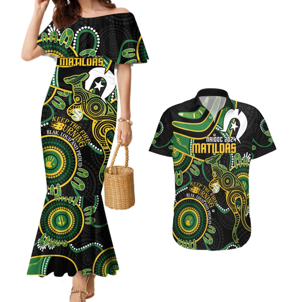 Custom Matildas NAIDOC Week Couples Matching Mermaid Dress and Hawaiian Shirt Australia Kangaroo Keep The Fire Burning - Black