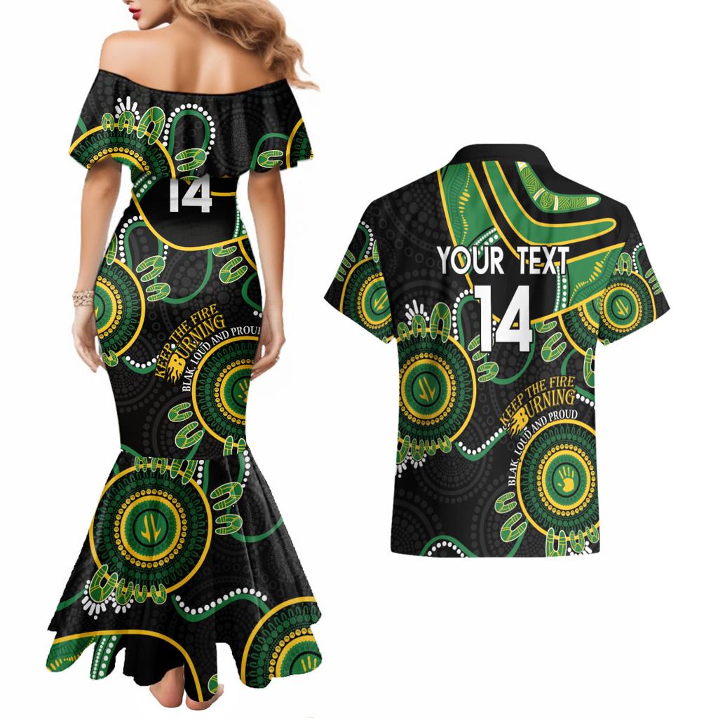 Custom Matildas NAIDOC Week Couples Matching Mermaid Dress and Hawaiian Shirt Australia Kangaroo Keep The Fire Burning - Black
