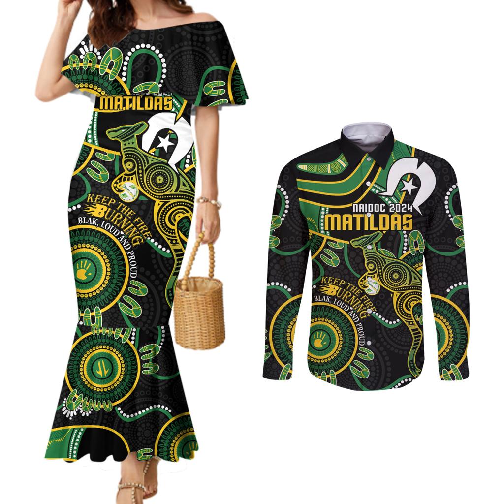 Custom Matildas NAIDOC Week Couples Matching Mermaid Dress and Long Sleeve Button Shirt Australia Kangaroo Keep The Fire Burning - Black