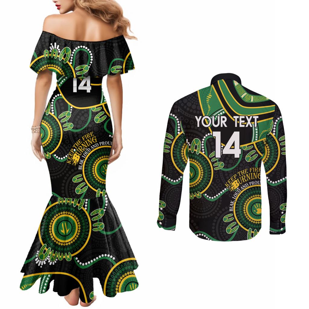 Custom Matildas NAIDOC Week Couples Matching Mermaid Dress and Long Sleeve Button Shirt Australia Kangaroo Keep The Fire Burning - Black