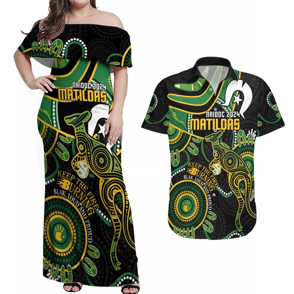 Custom Matildas NAIDOC Week Couples Matching Off Shoulder Maxi Dress and Hawaiian Shirt Australia Kangaroo Keep The Fire Burning - Black