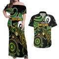 Custom Matildas NAIDOC Week Couples Matching Off Shoulder Maxi Dress and Hawaiian Shirt Australia Kangaroo Keep The Fire Burning - Black