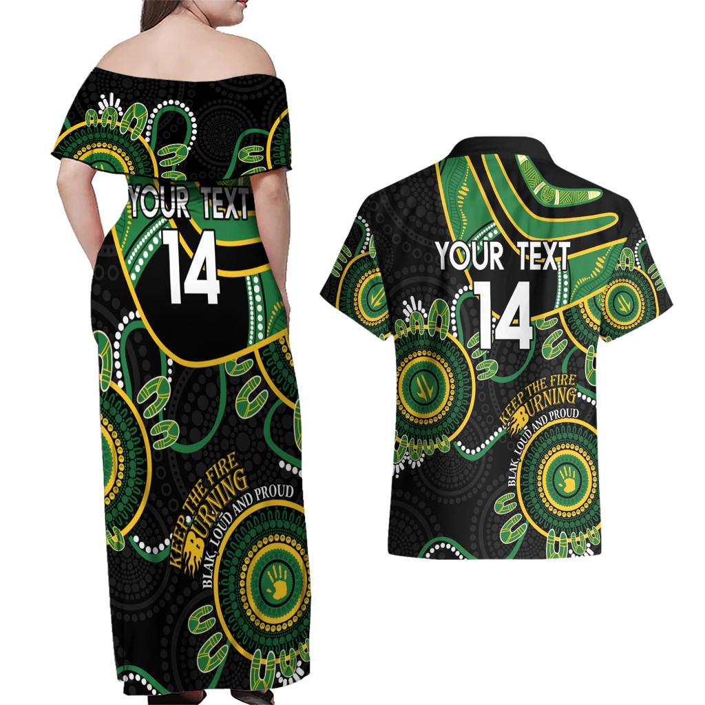 Custom Matildas NAIDOC Week Couples Matching Off Shoulder Maxi Dress and Hawaiian Shirt Australia Kangaroo Keep The Fire Burning - Black