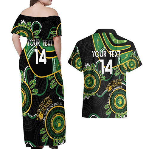 Custom Matildas NAIDOC Week Couples Matching Off Shoulder Maxi Dress and Hawaiian Shirt Australia Kangaroo Keep The Fire Burning - Black