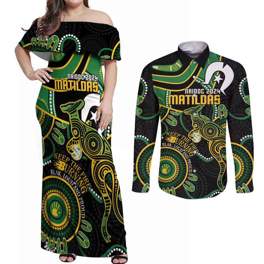 Custom Matildas NAIDOC Week Couples Matching Off Shoulder Maxi Dress and Long Sleeve Button Shirt Australia Kangaroo Keep The Fire Burning - Black