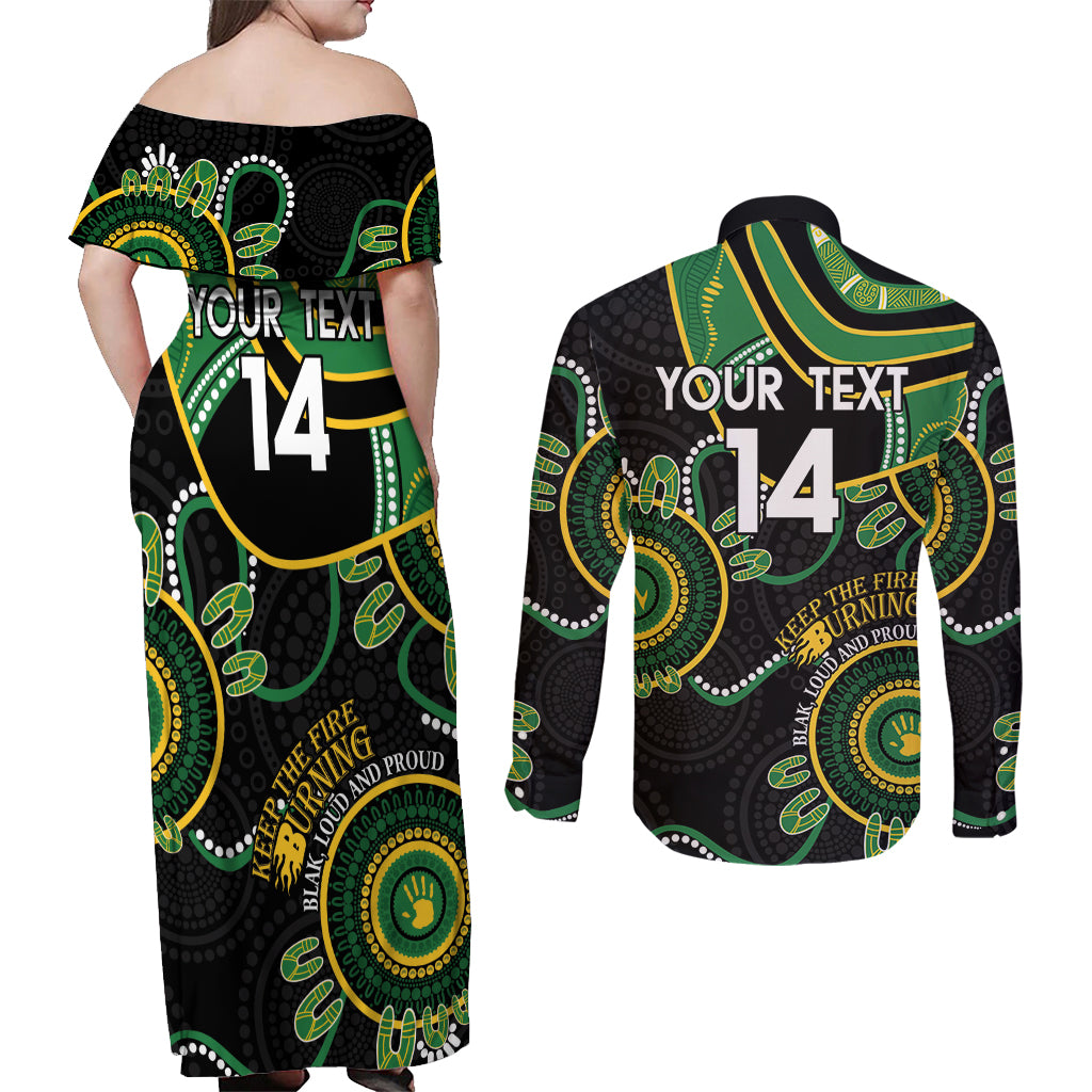 Custom Matildas NAIDOC Week Couples Matching Off Shoulder Maxi Dress and Long Sleeve Button Shirt Australia Kangaroo Keep The Fire Burning - Black