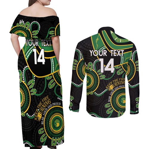 Custom Matildas NAIDOC Week Couples Matching Off Shoulder Maxi Dress and Long Sleeve Button Shirt Australia Kangaroo Keep The Fire Burning - Black