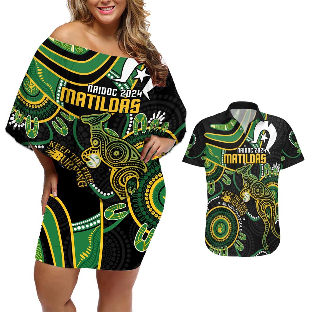 Custom Matildas NAIDOC Week Couples Matching Off Shoulder Short Dress and Hawaiian Shirt Australia Kangaroo Keep The Fire Burning - Black