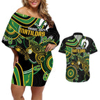 Custom Matildas NAIDOC Week Couples Matching Off Shoulder Short Dress and Hawaiian Shirt Australia Kangaroo Keep The Fire Burning - Black