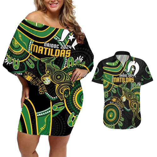 Custom Matildas NAIDOC Week Couples Matching Off Shoulder Short Dress and Hawaiian Shirt Australia Kangaroo Keep The Fire Burning - Black