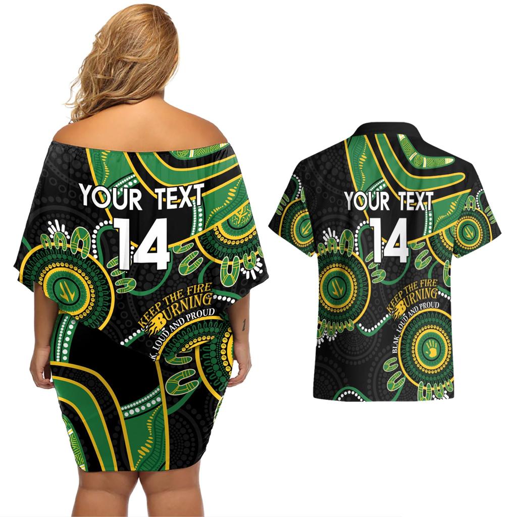 Custom Matildas NAIDOC Week Couples Matching Off Shoulder Short Dress and Hawaiian Shirt Australia Kangaroo Keep The Fire Burning - Black