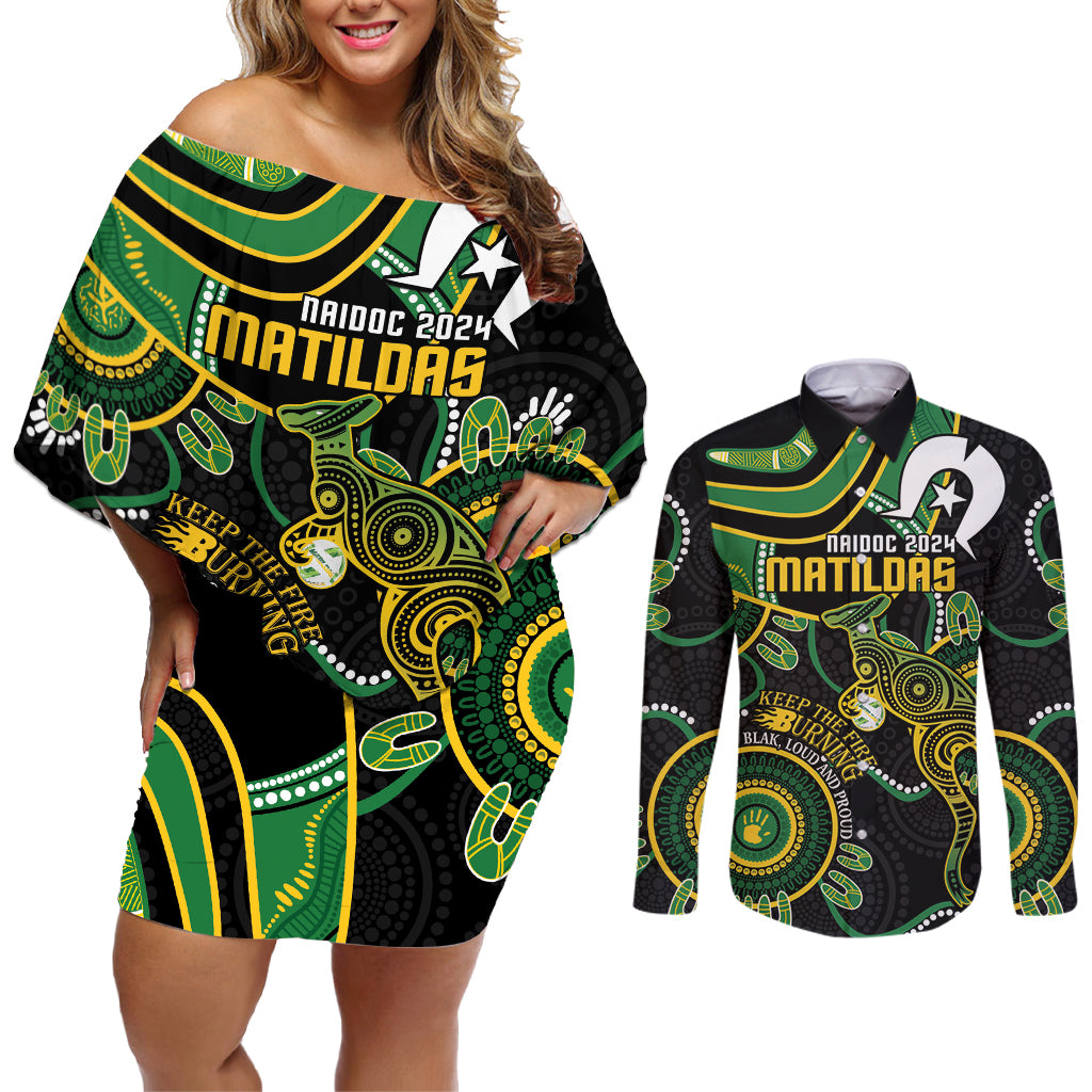 Custom Matildas NAIDOC Week Couples Matching Off Shoulder Short Dress and Long Sleeve Button Shirt Australia Kangaroo Keep The Fire Burning - Black