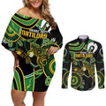 Custom Matildas NAIDOC Week Couples Matching Off Shoulder Short Dress and Long Sleeve Button Shirt Australia Kangaroo Keep The Fire Burning - Black