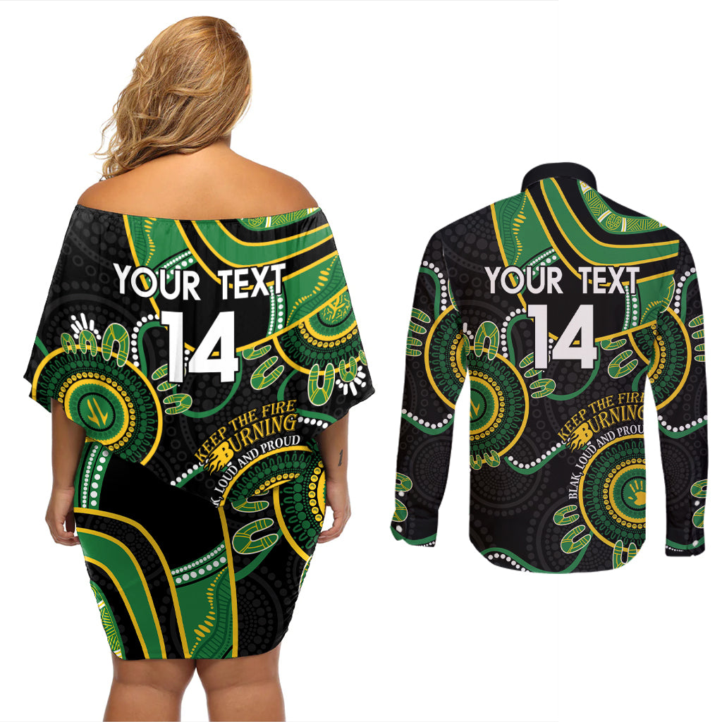 Custom Matildas NAIDOC Week Couples Matching Off Shoulder Short Dress and Long Sleeve Button Shirt Australia Kangaroo Keep The Fire Burning - Black