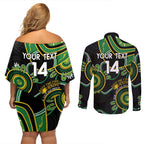 Custom Matildas NAIDOC Week Couples Matching Off Shoulder Short Dress and Long Sleeve Button Shirt Australia Kangaroo Keep The Fire Burning - Black