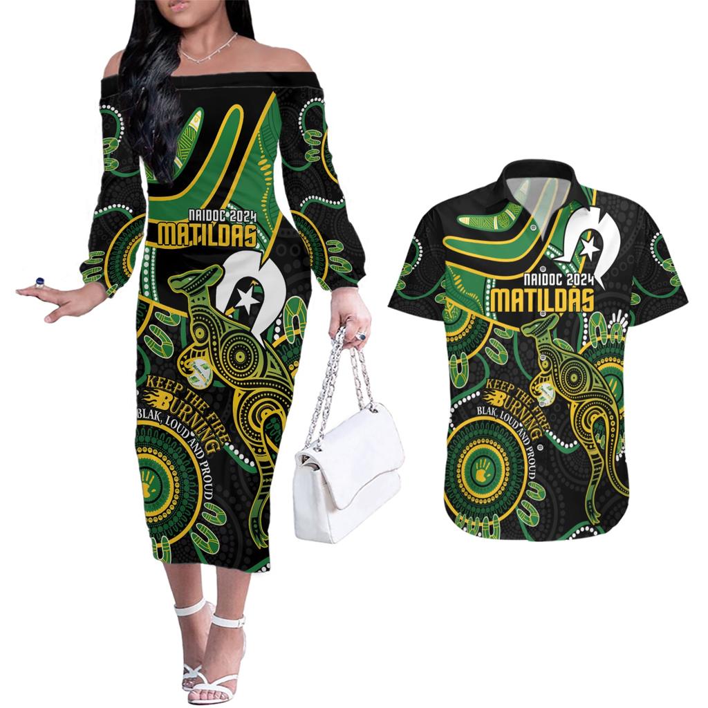 Custom Matildas NAIDOC Week Couples Matching Off The Shoulder Long Sleeve Dress and Hawaiian Shirt Australia Kangaroo Keep The Fire Burning - Black