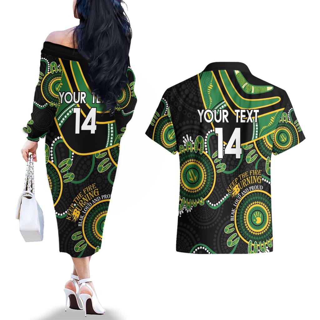 Custom Matildas NAIDOC Week Couples Matching Off The Shoulder Long Sleeve Dress and Hawaiian Shirt Australia Kangaroo Keep The Fire Burning - Black