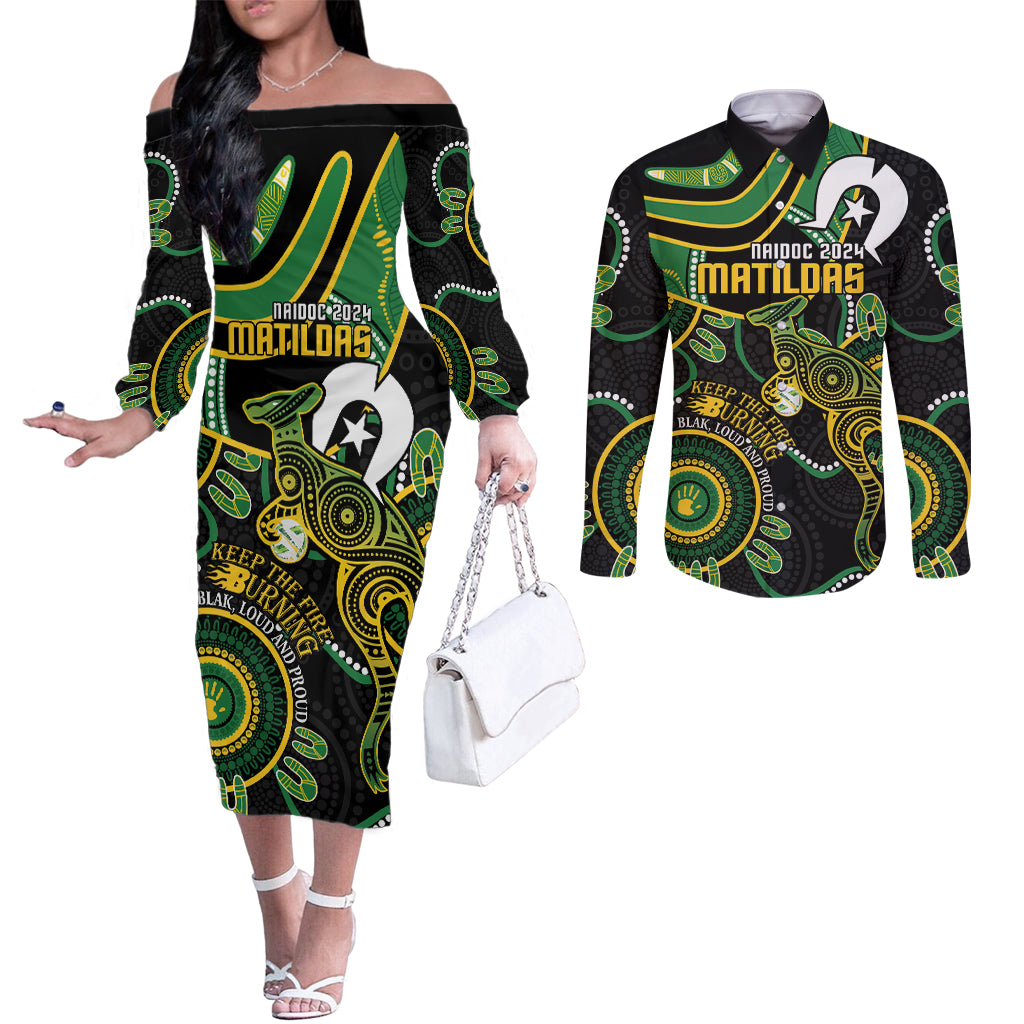 Custom Matildas NAIDOC Week Couples Matching Off The Shoulder Long Sleeve Dress and Long Sleeve Button Shirt Australia Kangaroo Keep The Fire Burning - Black