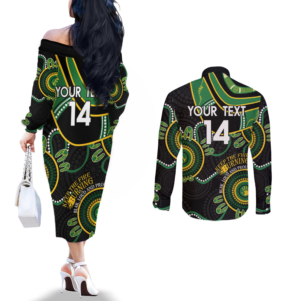 Custom Matildas NAIDOC Week Couples Matching Off The Shoulder Long Sleeve Dress and Long Sleeve Button Shirt Australia Kangaroo Keep The Fire Burning - Black