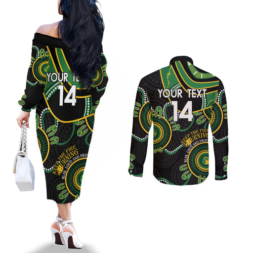 Custom Matildas NAIDOC Week Couples Matching Off The Shoulder Long Sleeve Dress and Long Sleeve Button Shirt Australia Kangaroo Keep The Fire Burning - Black