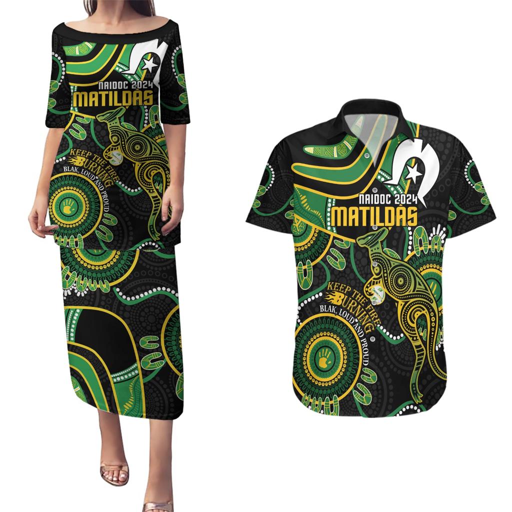 Custom Matildas NAIDOC Week Couples Matching Puletasi and Hawaiian Shirt Australia Kangaroo Keep The Fire Burning - Black