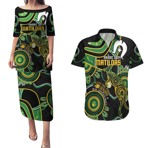 Custom Matildas NAIDOC Week Couples Matching Puletasi and Hawaiian Shirt Australia Kangaroo Keep The Fire Burning - Black