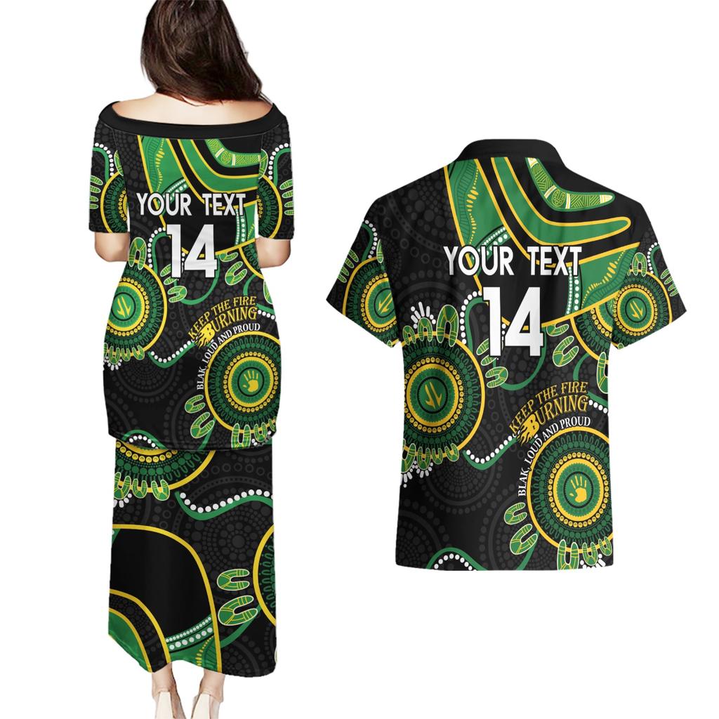Custom Matildas NAIDOC Week Couples Matching Puletasi and Hawaiian Shirt Australia Kangaroo Keep The Fire Burning - Black
