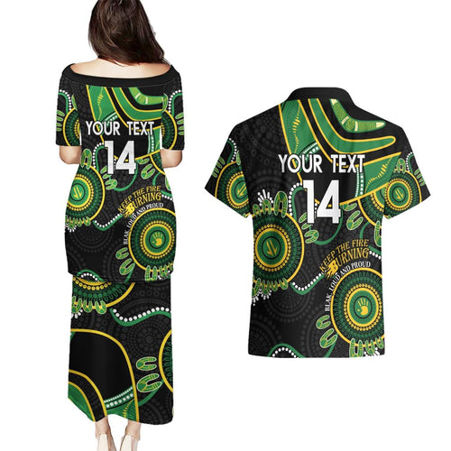 Custom Matildas NAIDOC Week Couples Matching Puletasi and Hawaiian Shirt Australia Kangaroo Keep The Fire Burning - Black