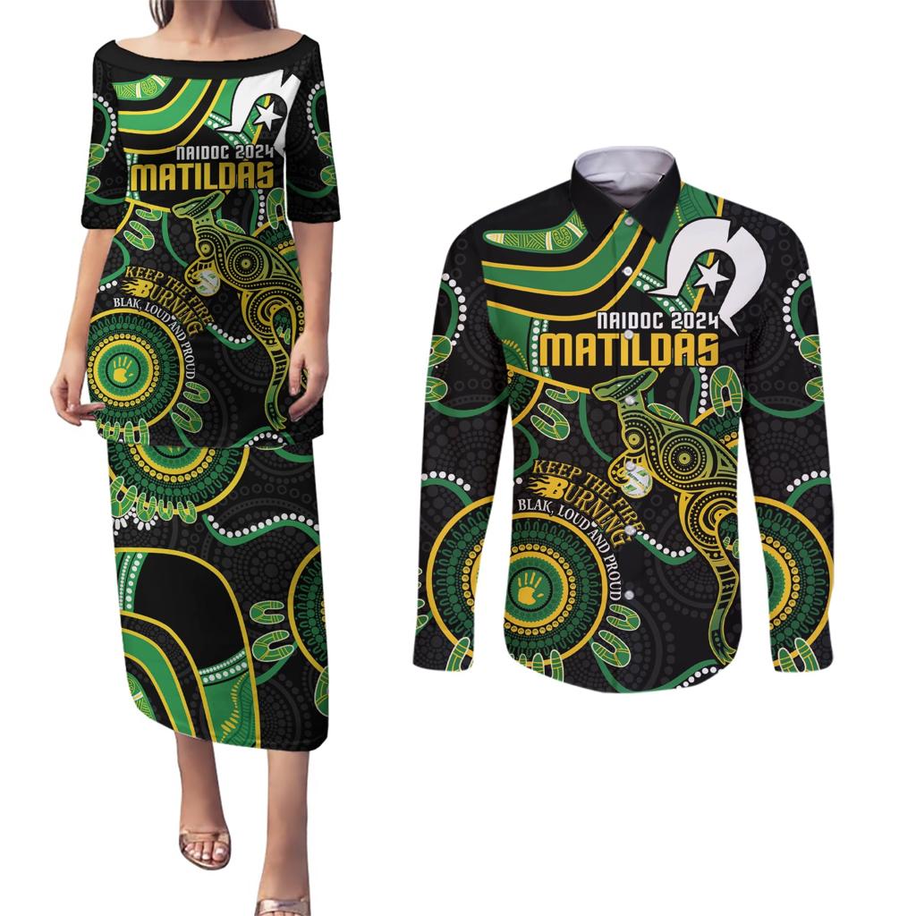 Custom Matildas NAIDOC Week Couples Matching Puletasi and Long Sleeve Button Shirt Australia Kangaroo Keep The Fire Burning - Black