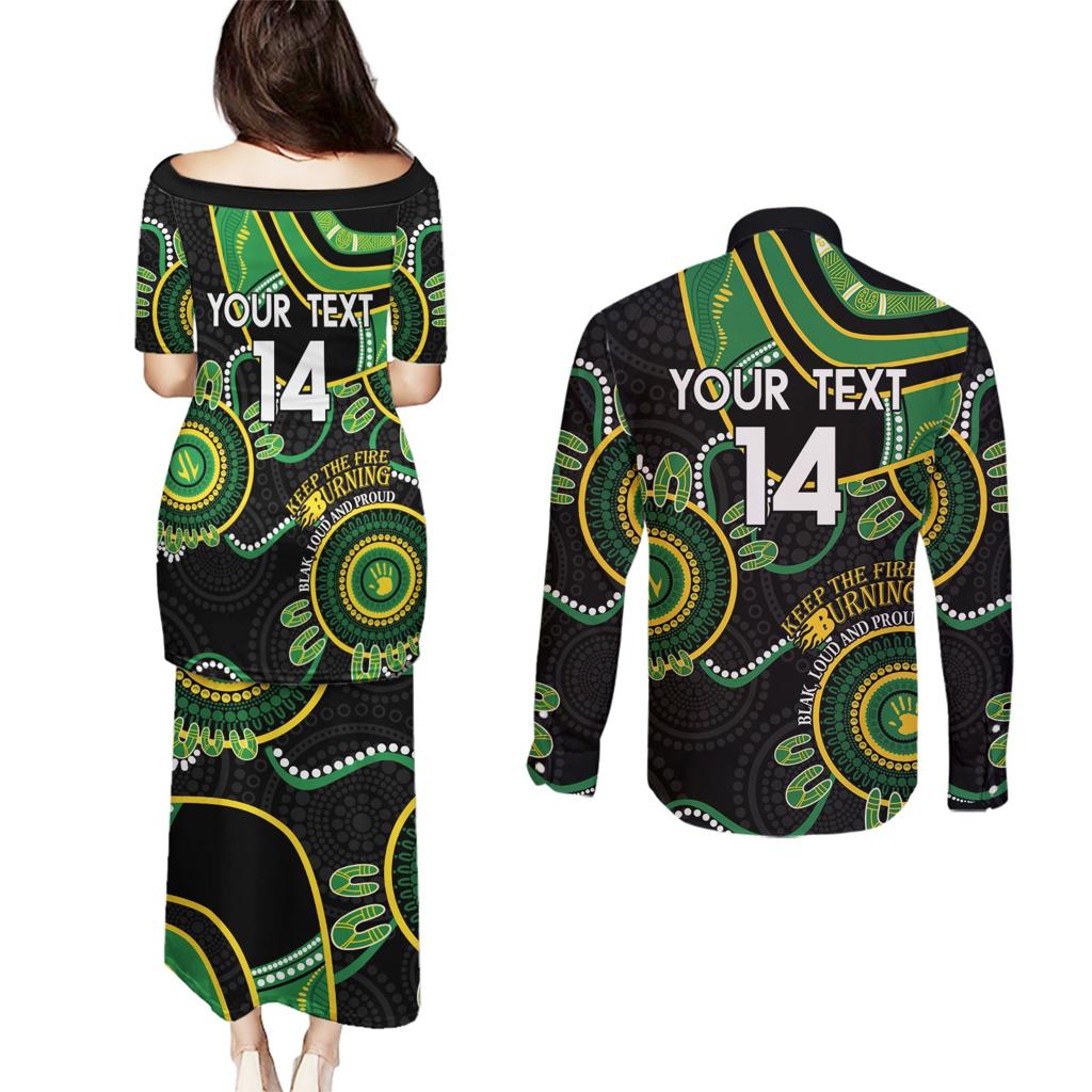 Custom Matildas NAIDOC Week Couples Matching Puletasi and Long Sleeve Button Shirt Australia Kangaroo Keep The Fire Burning - Black