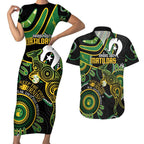 Custom Matildas NAIDOC Week Couples Matching Short Sleeve Bodycon Dress and Hawaiian Shirt Australia Kangaroo Keep The Fire Burning - Black
