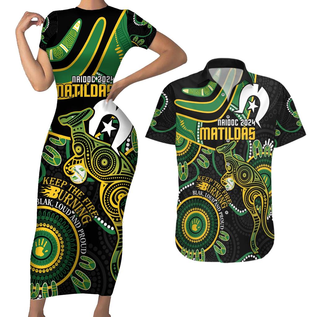 Custom Matildas NAIDOC Week Couples Matching Short Sleeve Bodycon Dress and Hawaiian Shirt Australia Kangaroo Keep The Fire Burning - Black