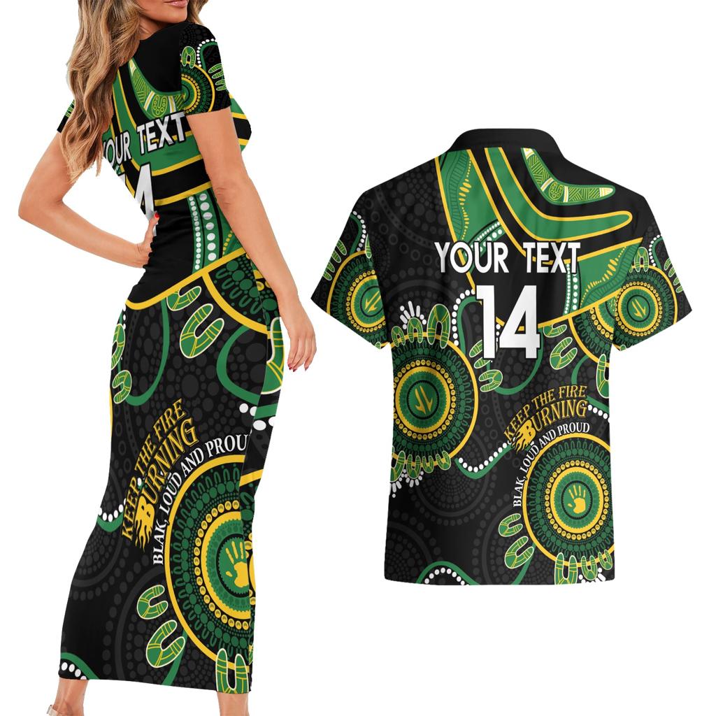 Custom Matildas NAIDOC Week Couples Matching Short Sleeve Bodycon Dress and Hawaiian Shirt Australia Kangaroo Keep The Fire Burning - Black