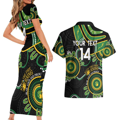 Custom Matildas NAIDOC Week Couples Matching Short Sleeve Bodycon Dress and Hawaiian Shirt Australia Kangaroo Keep The Fire Burning - Black