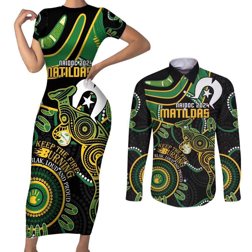 Custom Matildas NAIDOC Week Couples Matching Short Sleeve Bodycon Dress and Long Sleeve Button Shirt Australia Kangaroo Keep The Fire Burning - Black