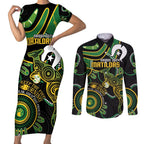 Custom Matildas NAIDOC Week Couples Matching Short Sleeve Bodycon Dress and Long Sleeve Button Shirt Australia Kangaroo Keep The Fire Burning - Black