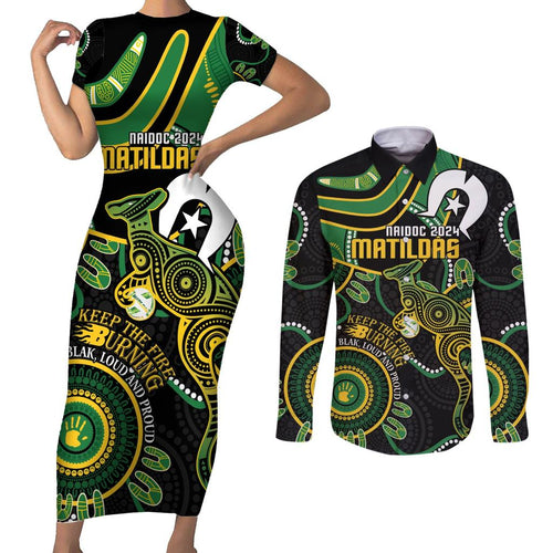 Custom Matildas NAIDOC Week Couples Matching Short Sleeve Bodycon Dress and Long Sleeve Button Shirt Australia Kangaroo Keep The Fire Burning - Black