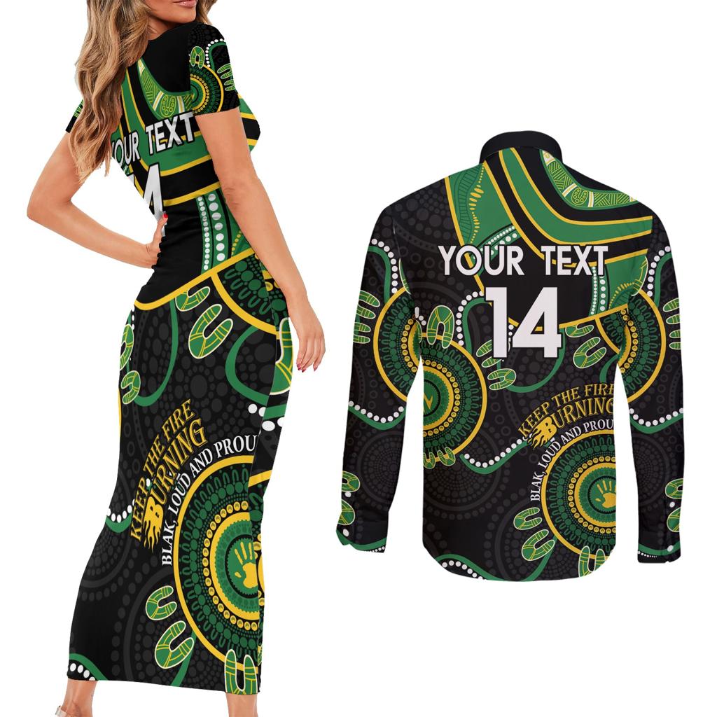 Custom Matildas NAIDOC Week Couples Matching Short Sleeve Bodycon Dress and Long Sleeve Button Shirt Australia Kangaroo Keep The Fire Burning - Black