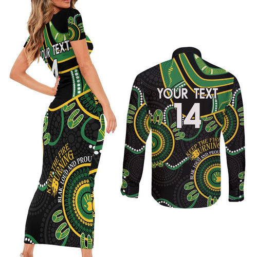 Custom Matildas NAIDOC Week Couples Matching Short Sleeve Bodycon Dress and Long Sleeve Button Shirt Australia Kangaroo Keep The Fire Burning - Black